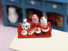 Load image into Gallery viewer, Christmas Pastries and Desserts on Red Tray - Handmade Miniature Food in 12th Scale