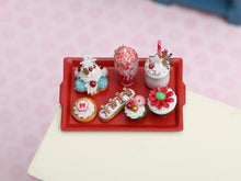 Load image into Gallery viewer, Christmas Pastries and Desserts on Red Tray - Handmade Miniature Food in 12th Scale