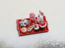 Load image into Gallery viewer, Christmas Pastries and Desserts on Red Tray - Handmade Miniature Food in 12th Scale