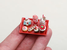 Load image into Gallery viewer, Christmas Pastries and Desserts on Red Tray - Handmade Miniature Food in 12th Scale