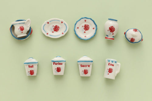 French Country Kitchen Vintage Porcelain Plates, Storage Jars - Dollhouse Miniature