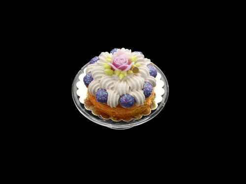 Purple St Honoré French Pastry with Pink Rose - Handmade Miniature Food