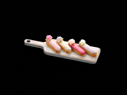 French Eclairs Presented on White Wooden Board - Handmade Miniature Dollhouse Food