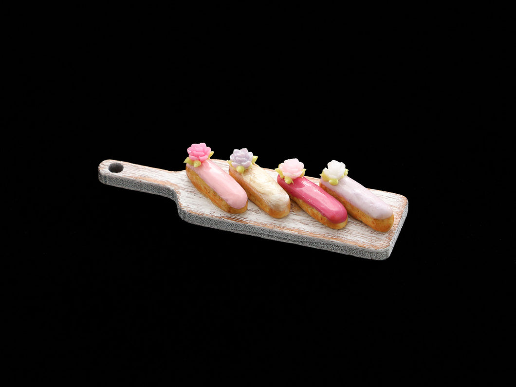 French Eclairs Presented on White Wooden Board - Handmade Miniature Dollhouse Food