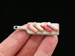 French Eclairs Presented on White Wooden Board - Handmade Miniature Dollhouse Food