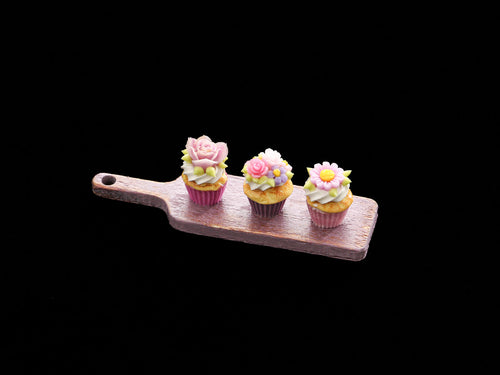 Three Elegant Floral Cupcakes Presented on Lilac Wooden Board - Handmade Miniature Dollhouse Food