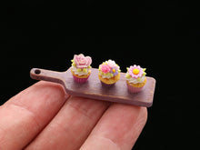 Load image into Gallery viewer, Three Elegant Floral Cupcakes Presented on Lilac Wooden Board - Handmade Miniature Dollhouse Food
