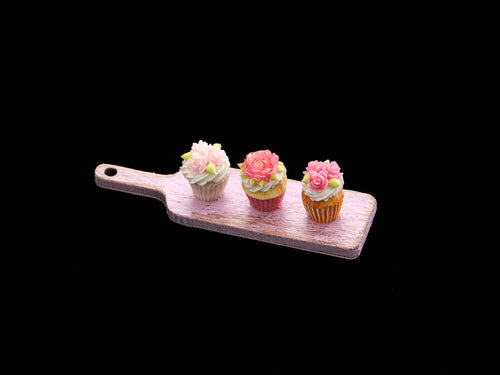 Three Pink Rose Cupcakes Presented on Pink Wooden Board - Handmade Miniature Dollhouse Food
