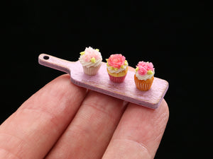 Three Pink Rose Cupcakes Presented on Pink Wooden Board - Handmade Miniature Dollhouse Food