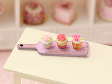 Load image into Gallery viewer, Three Pink Rose Cupcakes Presented on Pink Wooden Board - Handmade Miniature Dollhouse Food