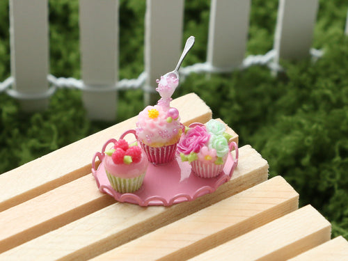 Three Miniature Cupcakes Frozen Moment, Raspberries, Rose - Pink Tray - OOAK - Handmade Miniature Dollhouse Food