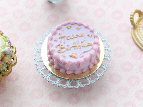 Pink Happy Birthday Cake with Gold Text - Handmade Miniature Dollhouse Food