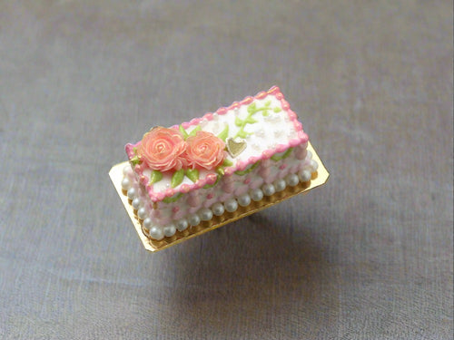 Peach and Gold Rose Rectangle Cake - OOAK - Handmade Miniature Dollhouse Food