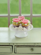 Load image into Gallery viewer, Pink Rose Cupcakes and Meringues on Pretty Stand - Handmade Miniature Food in 12th Scale for Dollhouses
