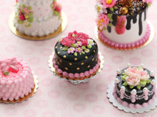 Load image into Gallery viewer, Black Cake with Two Pink Roses - Handmade Miniature Dollhouse Food