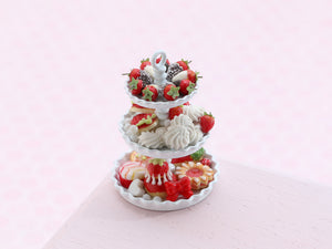 Chocolate Dipped Strawberries, Meringues, French Pastries on 3 Tier Stand - OOAK - Handmade Miniature Food
