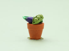 Load image into Gallery viewer, Flower Pot Garden Cupcake with Marzipan Vegetable Decoration - Pea Pod, Aubergine, Sweetcorn - 12th Handmade Miniature Food