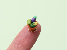 Load image into Gallery viewer, Flower Pot Garden Cupcake with Marzipan Vegetable Decoration - Pea Pod, Aubergine, Sweetcorn - 12th Handmade Miniature Food