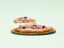 Load image into Gallery viewer, Miniature Pizza with Slice in a 'Frozen Moment' - Handmade Dollhouse Food in 12th Scale
