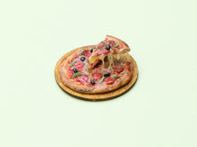 Load image into Gallery viewer, Miniature Pizza with Slice in a 'Frozen Moment' - Handmade Dollhouse Food in 12th Scale