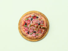 Load image into Gallery viewer, Miniature Pizza with Slice in a 'Frozen Moment' - Handmade Dollhouse Food in 12th Scale