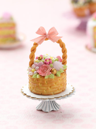 Pink Rose Basket Cake - Handmade Miniature Dollhouse Food