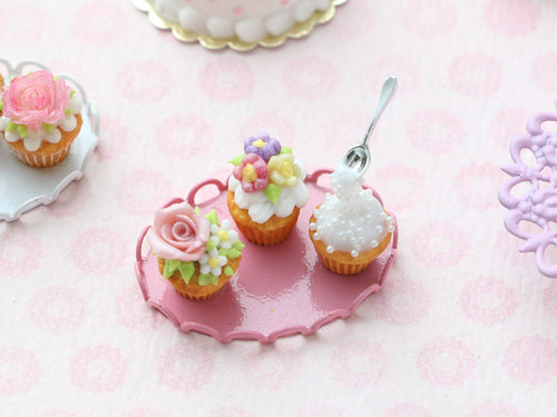 Three Miniature Cupcakes Frozen Moment - Handmade Miniature Dollhouse Food