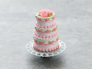 Three-Tiered Pink Rose Celebration Cake - Handmade Miniature Food