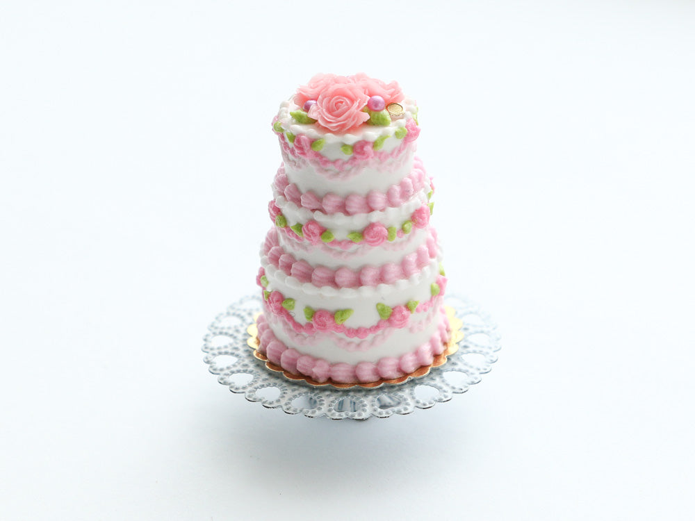 Three-Tiered Pink Rose Celebration Cake - Handmade Miniature Food