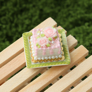 Pink Roses Square Cake - OOAK - Handmade Miniature Dollhouse Food