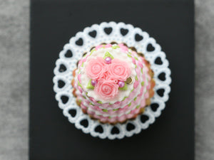 Three-Tiered Pink Rose Celebration Cake - Handmade Miniature Food