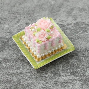 Pink Roses Square Cake - OOAK - Handmade Miniature Dollhouse Food