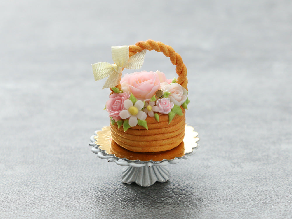 Basket Cake Decorated with Summer Roses and Flowers - Handmade Miniature Food