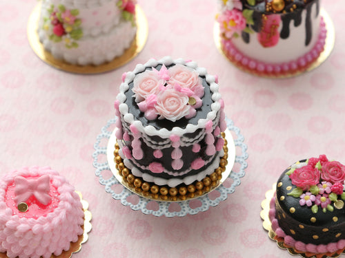 Pink and Black Tall Cake with Pink Roses - Handmade Miniature Dollhouse Food