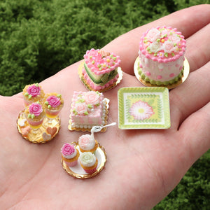 Pink Roses Square Cake - OOAK - Handmade Miniature Dollhouse Food