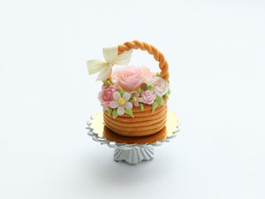 Basket Cake Decorated with Summer Roses and Flowers - Handmade Miniature Food