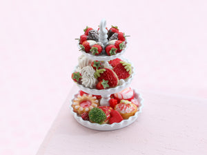 Chocolate Dipped Strawberries, Meringues, French Pastries on 3 Tier Stand - OOAK - Handmade Miniature Food
