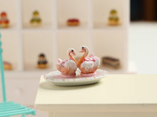 Load image into Gallery viewer, Pair of Pink Pastry Swans on Matching Plate - Handmade miniature food in 12th Scale
