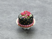 Load image into Gallery viewer, Black Cake with Two Pink Roses - Handmade Miniature Dollhouse Food