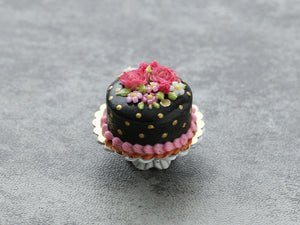 Black Cake with Two Pink Roses - Handmade Miniature Dollhouse Food