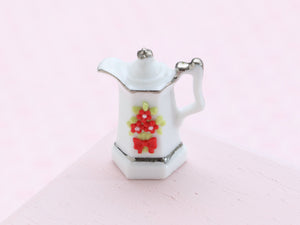 White Porcelain Teapot Decorated with Red Blossoms - OOAK - Dollhouse Miniature