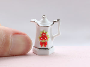 White Porcelain Teapot Decorated with Red Blossoms - OOAK - Dollhouse Miniature