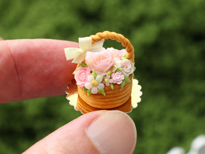 Basket Cake Decorated with Summer Roses and Flowers - Handmade Miniature Food