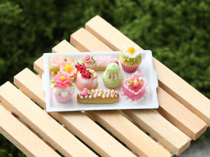 Summer Pink and Floral French Pastries on Tray - Handmade Miniature Food