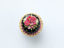 Load image into Gallery viewer, Black Cake with Two Pink Roses - Handmade Miniature Dollhouse Food