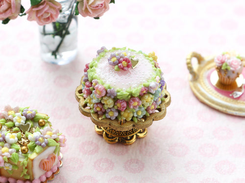 Spring Blossom Cake on Gold Stand - Handmade Miniature Dollhouse Food