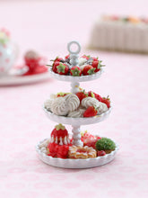 Load image into Gallery viewer, Chocolate Dipped Strawberries, Meringues, French Pastries on 3 Tier Stand - OOAK - Handmade Miniature Food