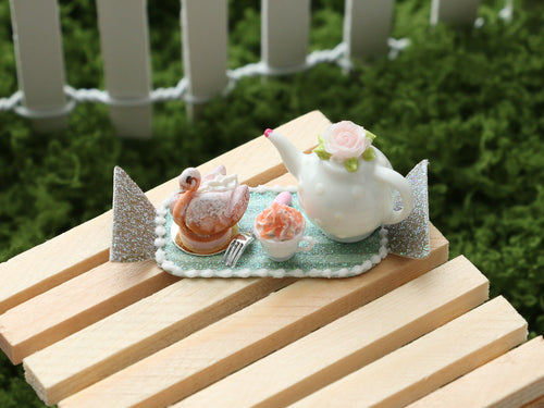 Bonbon Tray, Pastry Swan, Cappuccino, Teapot - OOAK - Handmade Miniature Dollhouse Food