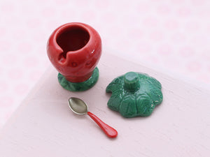 Strawberry Jam Pot with Removable Lid and Spoon - Dollhouse Miniature