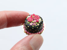 Load image into Gallery viewer, Black Cake with Two Pink Roses - Handmade Miniature Dollhouse Food